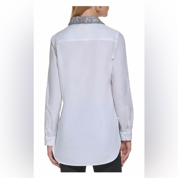 Calvin Klein White button down Blouse, sequin’s collar Boyfriend Tunic women L - Picture 2 of 14